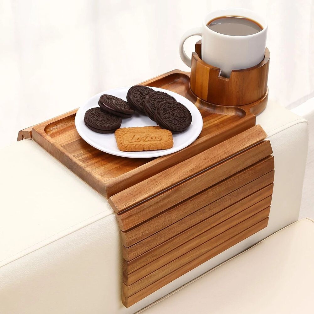 SINWANT Acacia Wood Couch Cup Holder Tray Clip On Sofa Arm Table 360° Rotating
